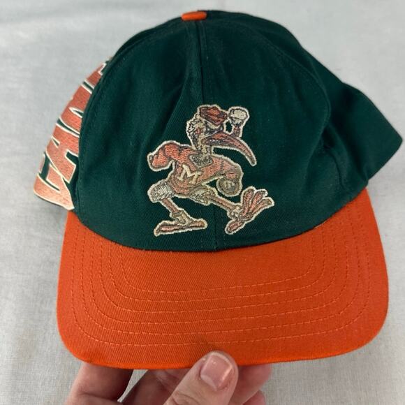 VTG Miami Canes Snapback Hurricanes Cap 90s USA Made Embroidered Green Orange - Picture 3 of 11